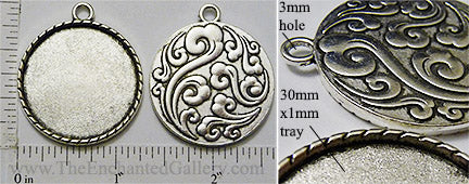 30mm Circle Pendant Tray Wind Water Orient Back Antiqued Silver (Select Amount or Optional Insert)