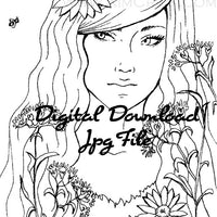 Digital File - Daisy Lady and Bee Line Drawing Digi Stamp Printable Jpg Download