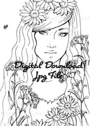 Digital File - Daisy Lady and Bee Line Drawing Digi Stamp Printable Jpg Download