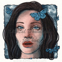  Digital File - Butterfly Woman Portrait Limited Palette Watercolor Painting Printable Art Download 