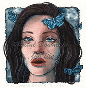  Digital File - Butterfly Woman Portrait Limited Palette Watercolor Painting Printable Art Download 