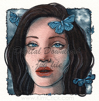  Digital File - Butterfly Woman Portrait Limited Palette Watercolor Painting Printable Art Download 