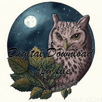  Digital File - Night Owl Bird Moonlight Art Printable Paul Rubens Shi Yun Watercolor Painting Instant Download 