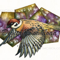 Digital File - Sparrow Bird Flight Art Colorful Watercolor Wash Salt Bloom Painting Printable Download