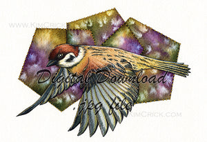 Digital File - Sparrow Bird Flight Art Colorful Watercolor Wash Salt Bloom Painting Printable Download