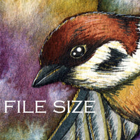 Digital File - Sparrow Bird Flight Art Colorful Watercolor Wash Salt Bloom Painting Printable Download