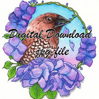  Digital File - Spice Finch Watercolor Bird Painting Hydrangea Flowers Art Printable Download 