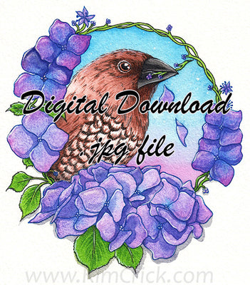  Digital File - Spice Finch Watercolor Bird Painting Hydrangea Flowers Art Printable Download 