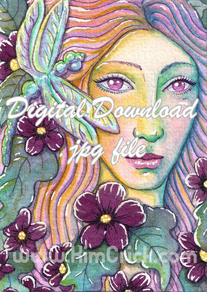  Digital File - Dragonfly Portrait Colorful Watercolor Painting PV55 Quin Violet Rainbow Skin Printable Download 