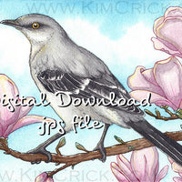 Digital File - Northern Mockingbird Color Painting Printable Bird Art Download