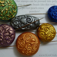 Polymer clay focal beads handmade with spiral stamp texture sheet pearl ex perfect pearls mica