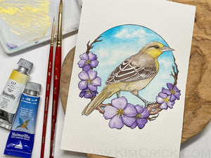 Original Art - Bullock's Oriole Female Bird Art Maimeri Blu Watercolor Painting (5x7, Not a Print)