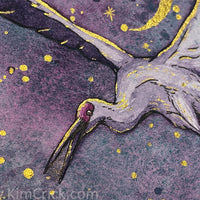 Original Art - Sandhill Crane Bird Watercolor Painting Viridian Granulation and Gold Mica (5x7, Not a Print)