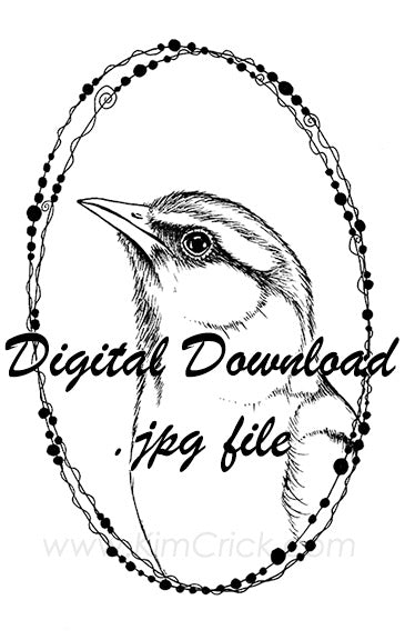  Digital File - Bird Portrait Beaded Oval Ink Drawing Printable Artwork Coloring Book Outline Instant Download 