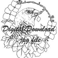 Digital File - Spice Finch Bird Drawing Hydrangea Flowers Coloring Book Printable Line Art Download