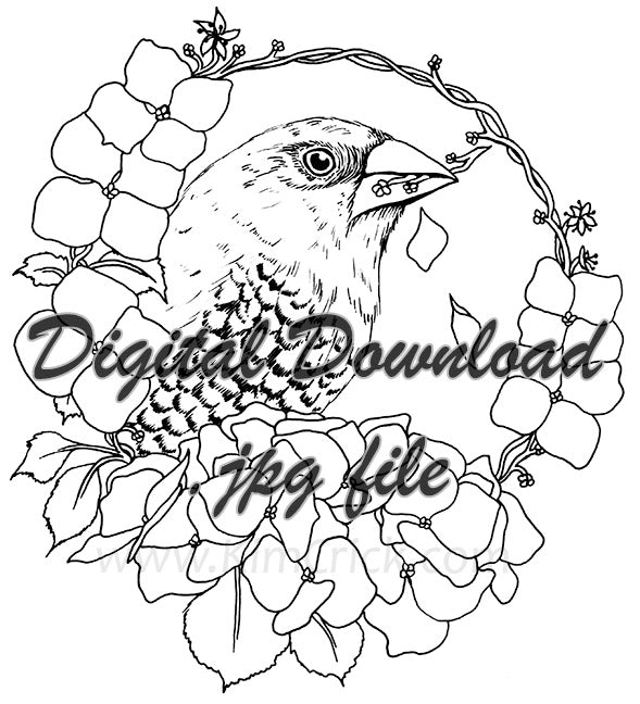 Digital File - Spice Finch Bird Drawing Hydrangea Flowers Coloring Book Printable Line Art Download