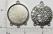 30mm Circle Pendant Tray Fern Leaf Pattern Back with 4 Loops Antiqued Silver (Select Amount & Optional Insert)